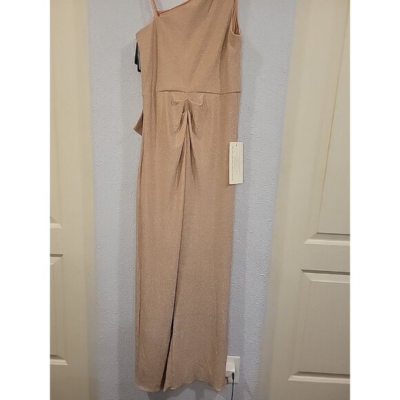 NWT Adrianna Papell One Shoulder Gown Metallic Pink Dress Bow Cascade Sz 8 $199 - Picture 6 of 8